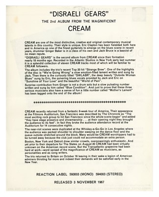 Lot 86 - Eric Clapton 1967 Disraeli Gears New From NEMS Press Release (UK)