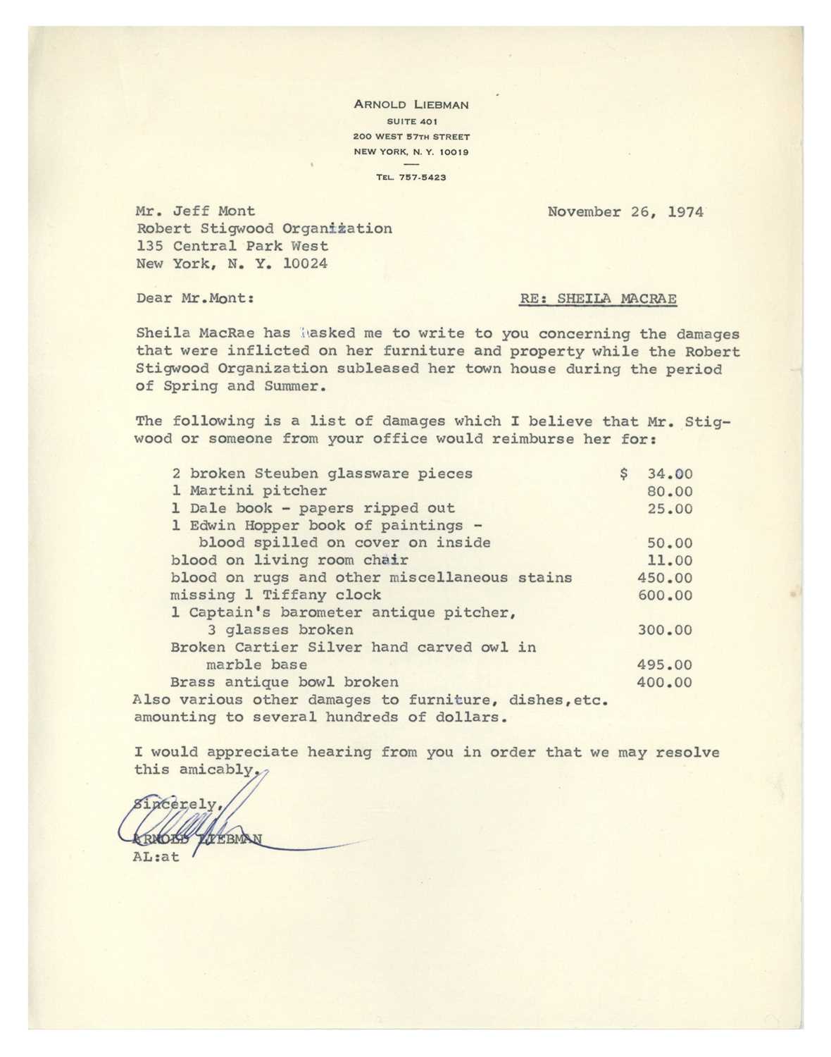 Lot 88 - Eric Clapton 1974 Sheila MacRae House Damages Claim Letter (UK)