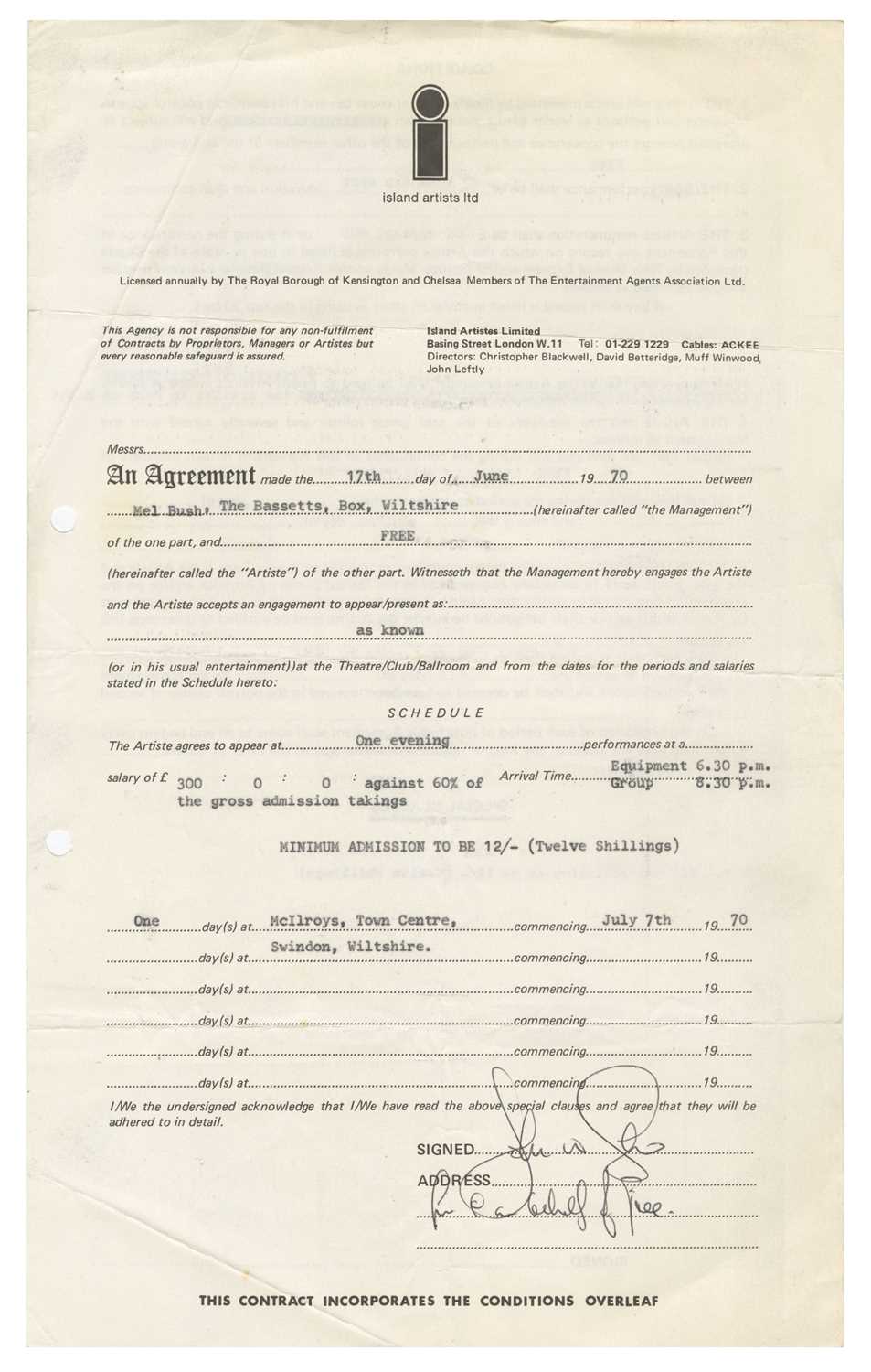 Lot 101 - Free 1970 McIlroys Swindon Performance Contract (UK)
