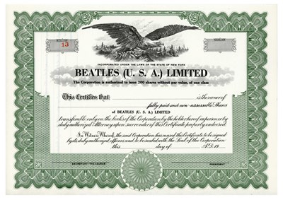 Lot 184B - The Beatles (U.S.A.) Limited 1964 Stock Certificate (USA)