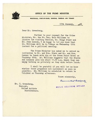 Lot 202 - John Lennon & Ringo Starr 1966 Prime Minister Lunch Invitation (Trinidad)