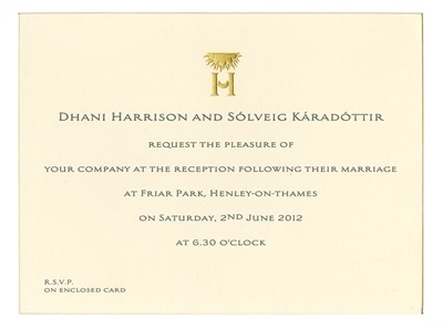 Lot 244 - Dhani Harrison 2012 Wedding Reception Invitation (UK)