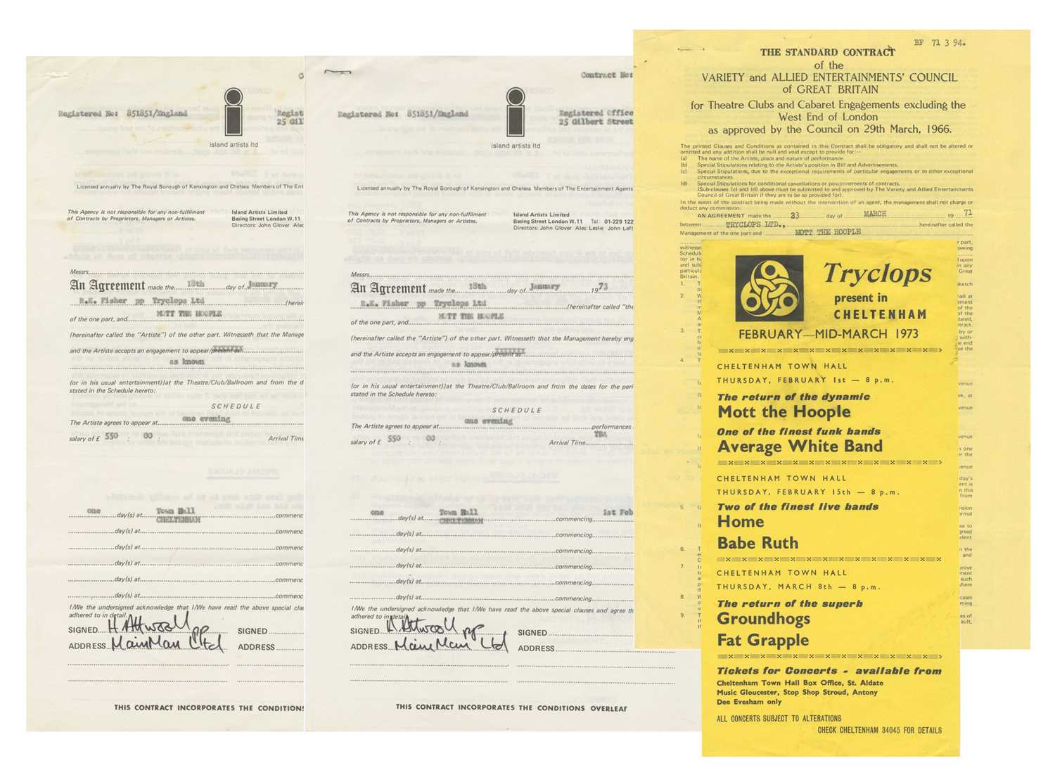 Lot 193 - Mott The Hoople 1970s Performance Contracts & Flyer (UK)