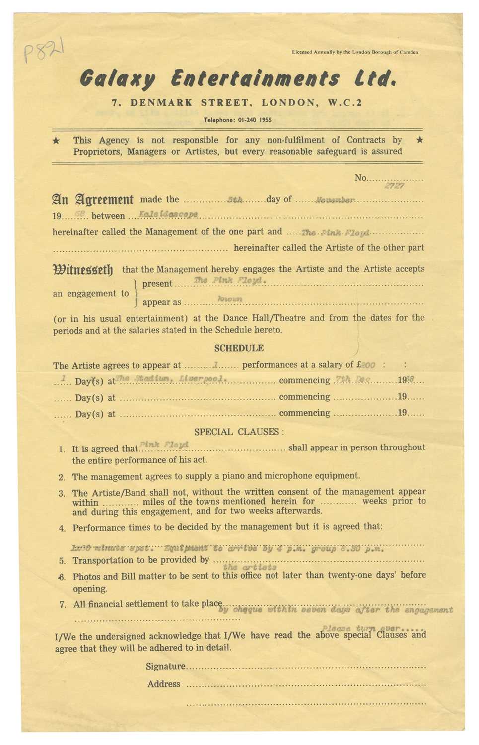 Lot 221 - Pink Floyd 1968 Liverpool Stadium Draft Performance Contract (UK)