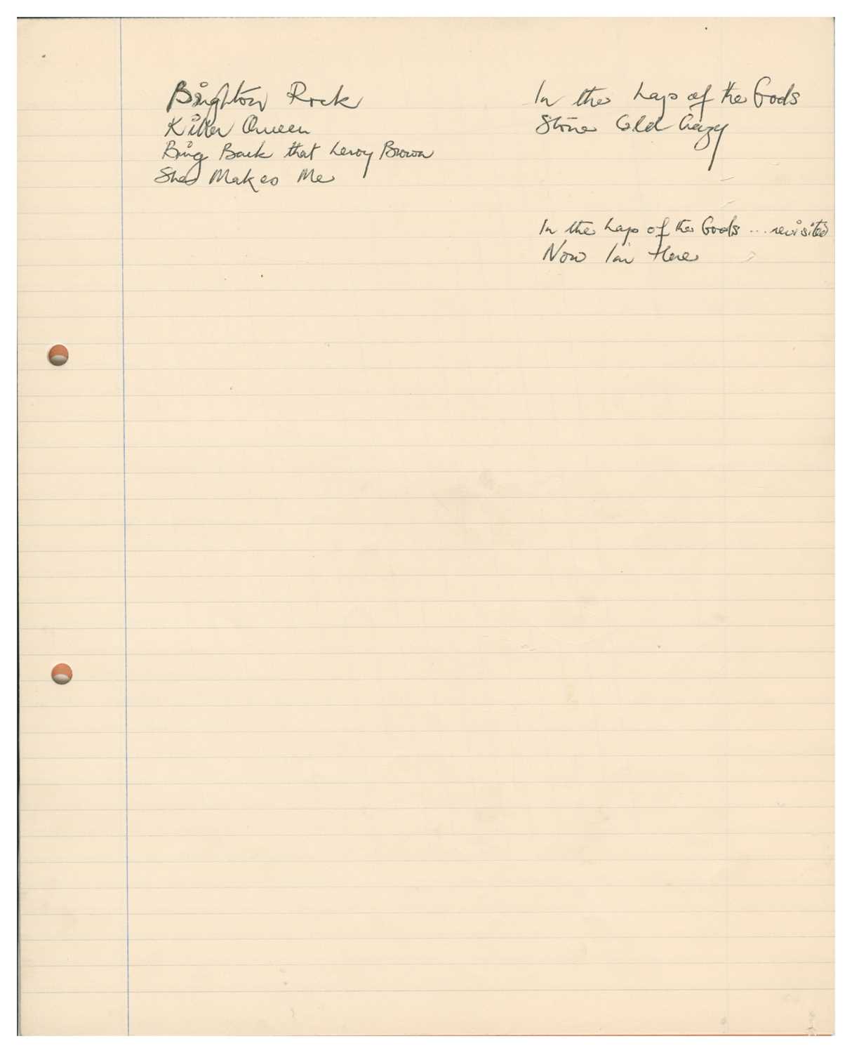 Lot 244 - Freddie Mercury Handwritten 1974 Sheer Heart Attack Track List (UK)