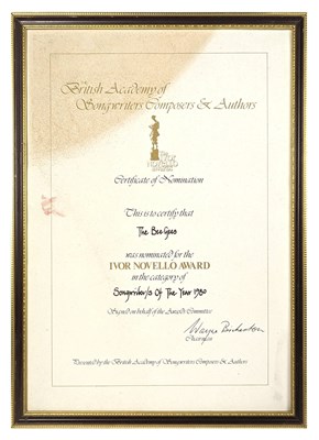 Lot 15 - Bee Gees 1980 Songwriter/s of The Year Ivor Novello Award Nomination Certificate (UK)