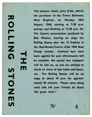 Lot 294 - Rolling Stones 1964 Tower Ballroom New Brighton Concert Tickets (UK)