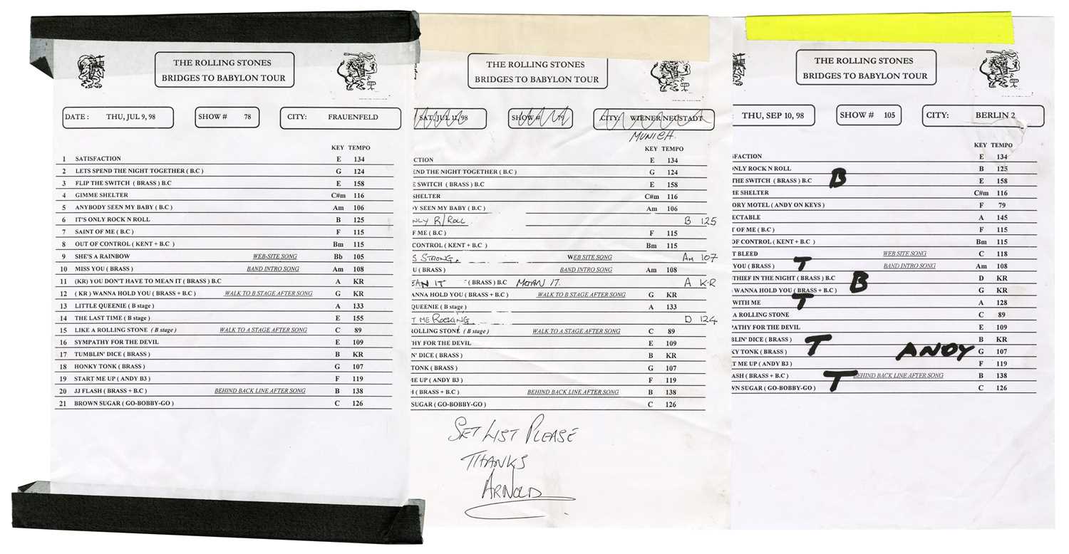 Lot 300 - The Rolling Stones 1998 Bridges To Babylon Tour Set Lists (UK)