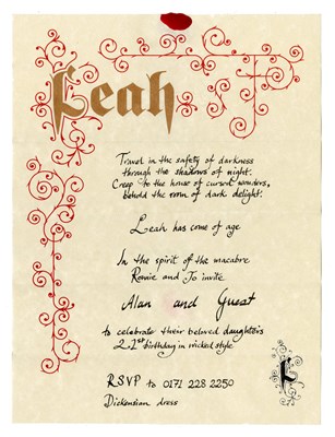 Lot 302 - Ronnie Wood's Daughter 1999 21st Birthday Party Invitation (UK)