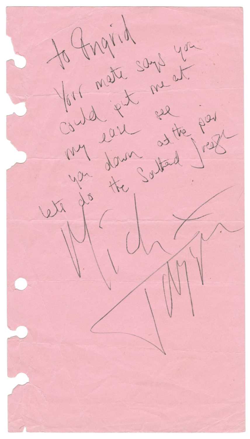 Lot 305 - Mick Jagger 1985 Signed & Handwritten Note (UK)