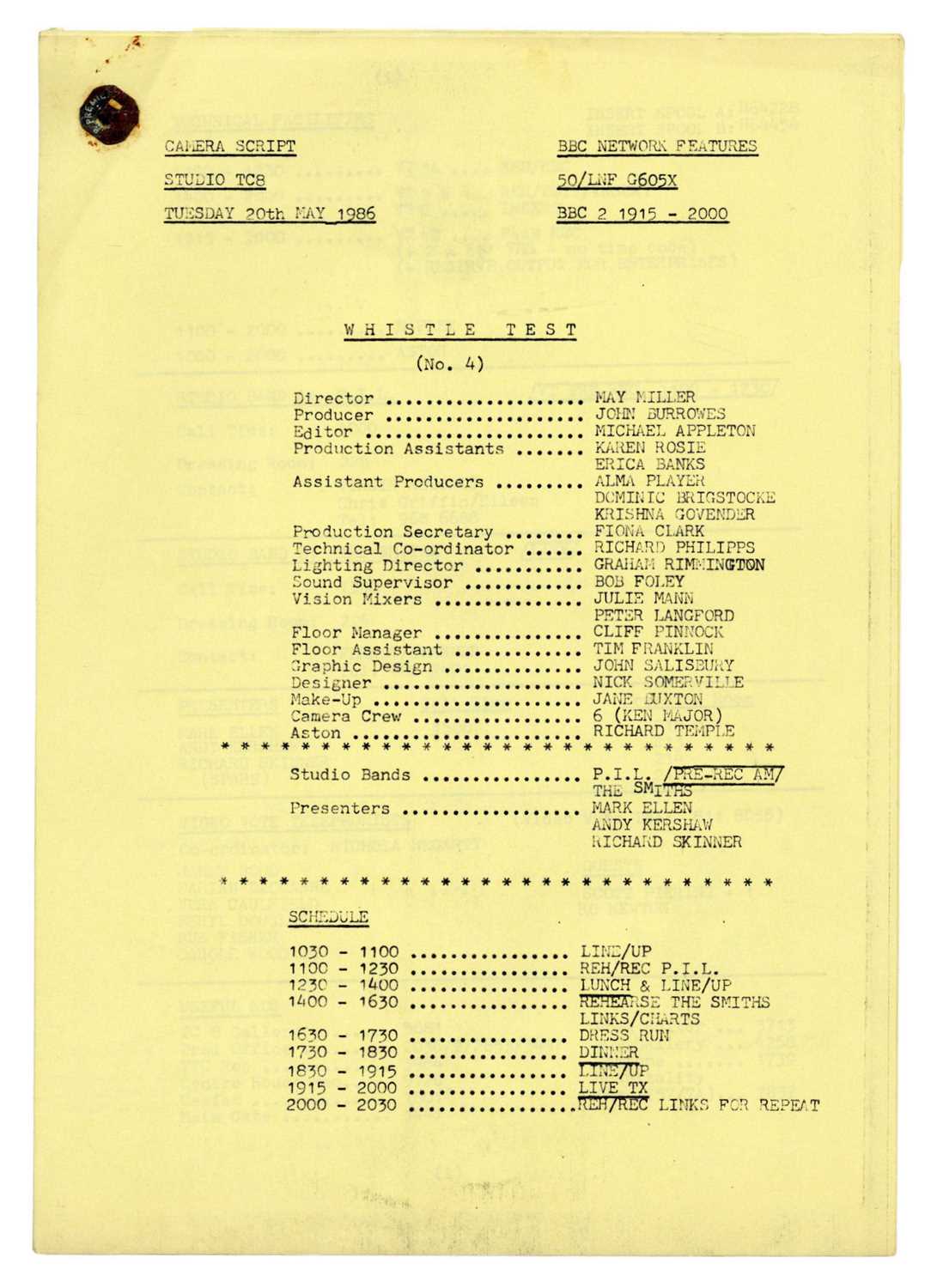 Lot 342 - The Smiths P.I.L Old Grey Whistle Test Camera Script Owned by Andy Kershaw 1986 (UK)