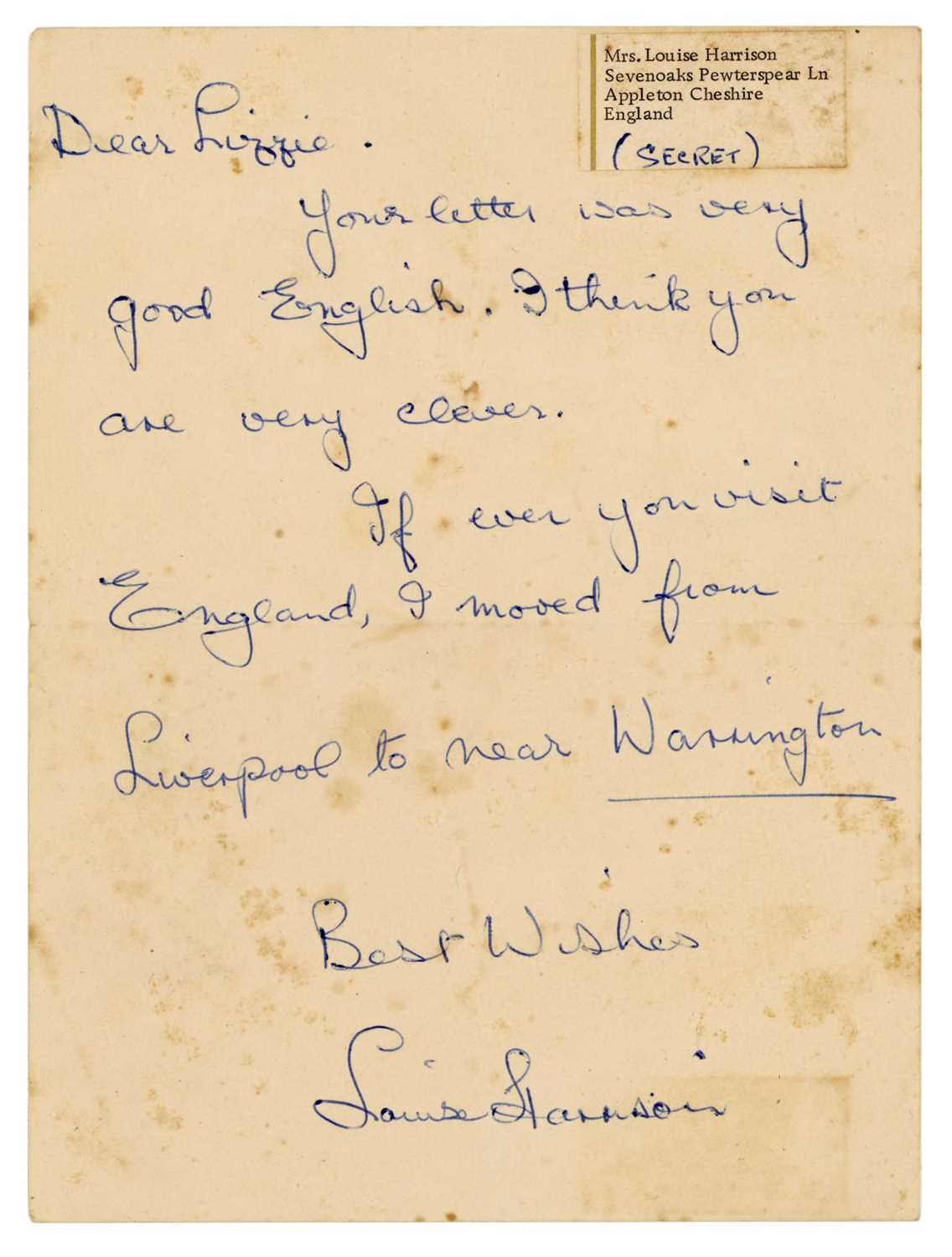 Lot 271 - George Harrison’s Mother Louise Harrison 1960s Handwritten Letter Lizzie Bravo Collection (UK)