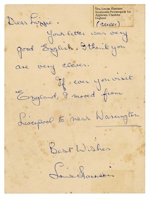 Lot 246 - George Harrison’s Mother Louise Harrison 1960s Handwritten Letter Lizzie Bravo Collection (UK)
