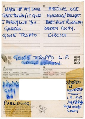 Lot 275 - George Harrison Handwritten Inlay for Gone Troppo Tape Cassette (UK)