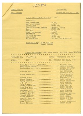 Lot 42 - The Cure 1983 Top of The Pops Camera Script John Peel Collection (UK)