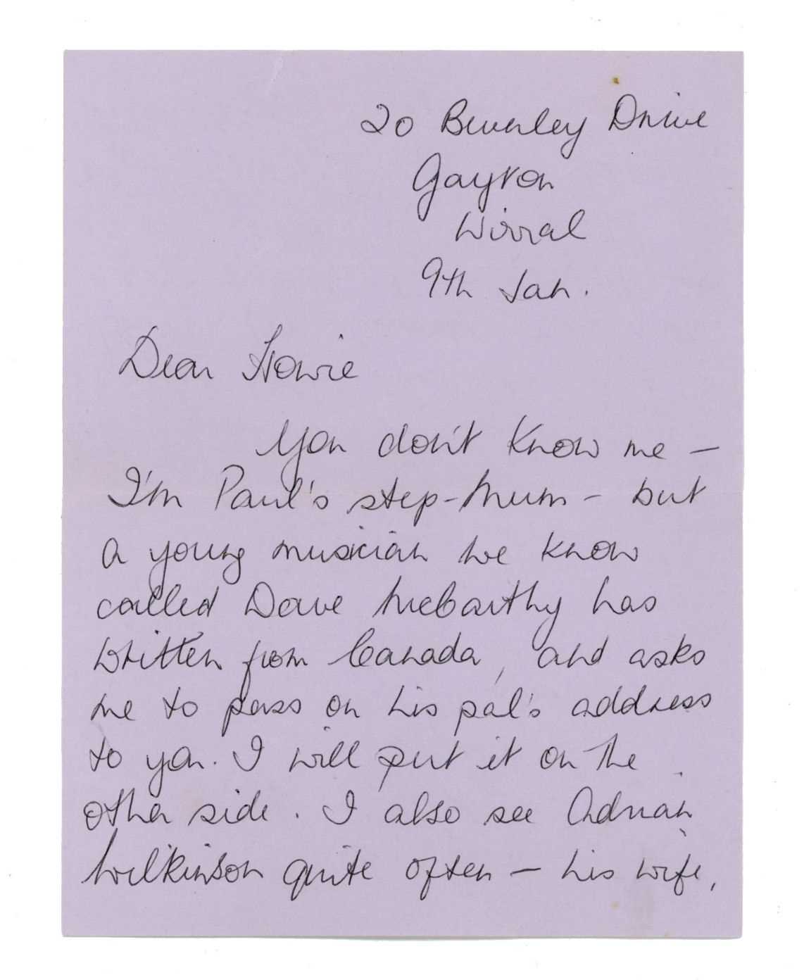 Lot 236 - Angie McCartney Paul’s Stepmother Handwritten Letter to Howie Casie (UK)