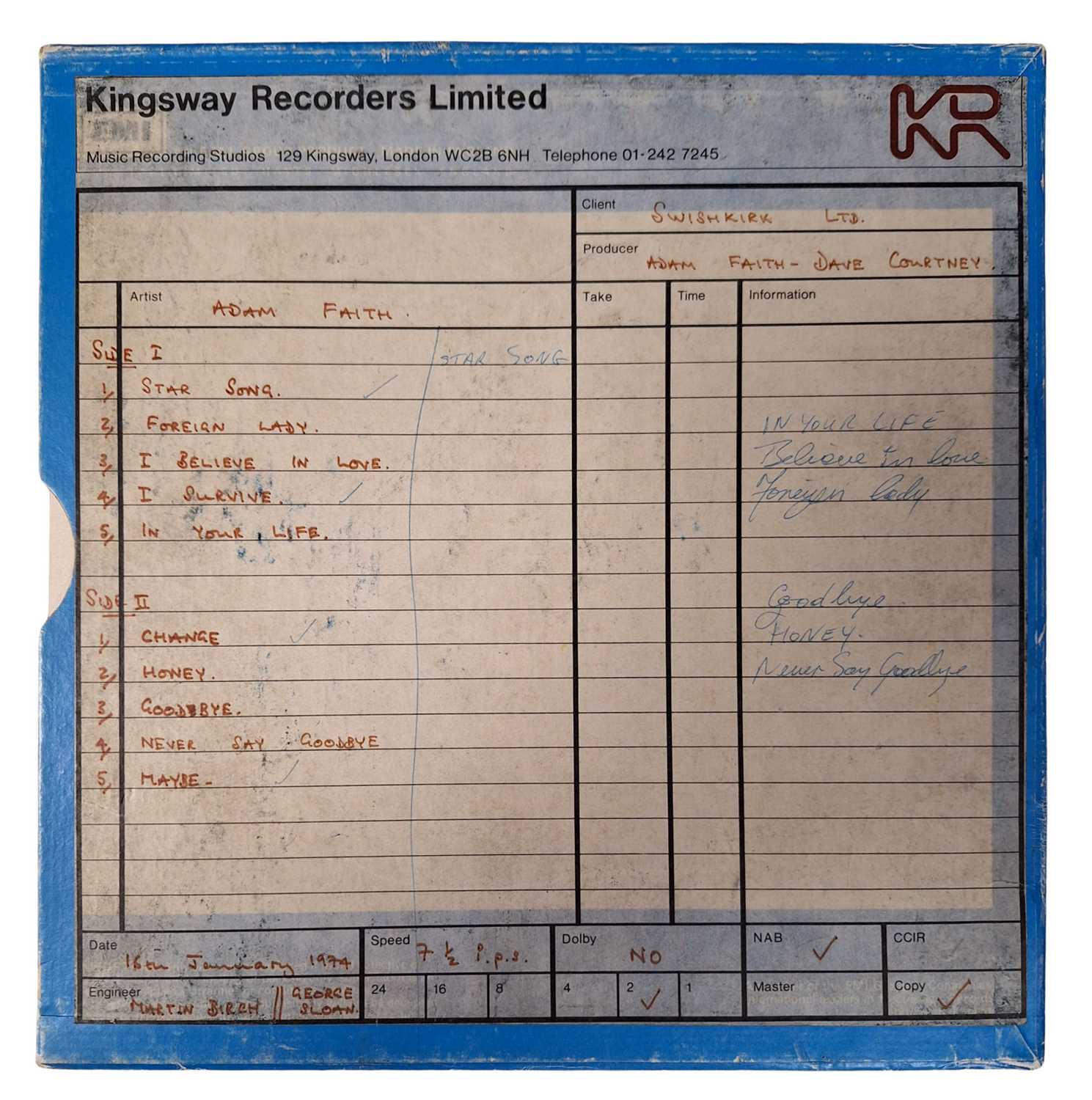 Lot 251 - I Survive Adam Faith Paul McCartney Original Master Tape Recording (UK)