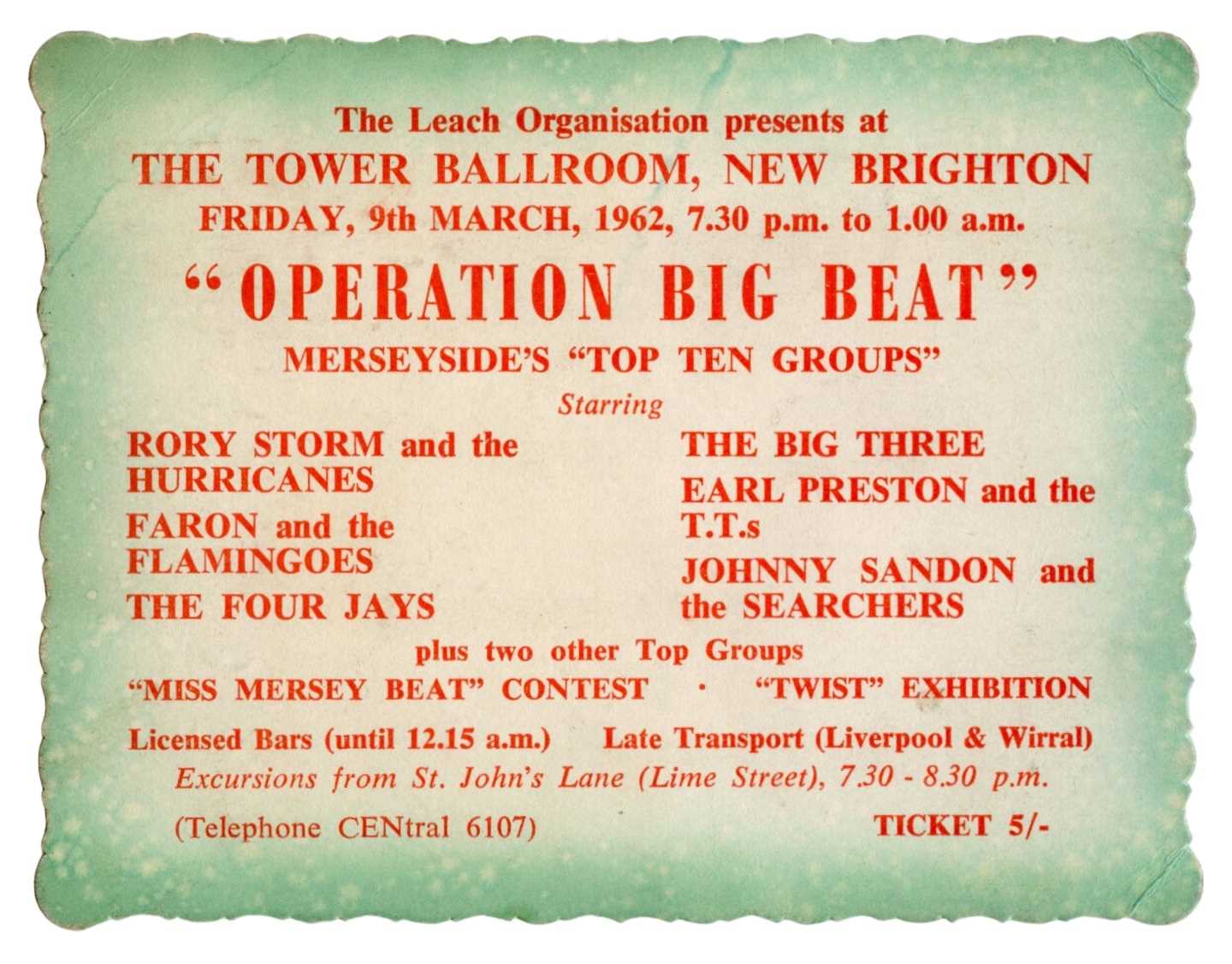 Lot 283 - Rory Storm & The Hurricanes Ringo Starr 1962 Operation Big Beat II Ticket (UK)
