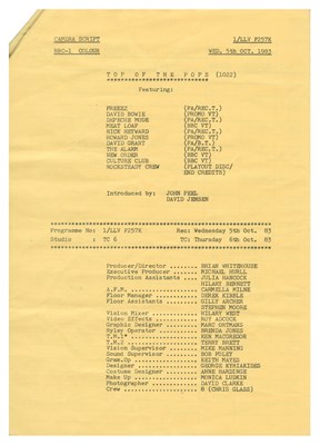 Lot 60 - Depeche Mode 1983 Top of The Pops Camera Script John Peel Collection (UK)